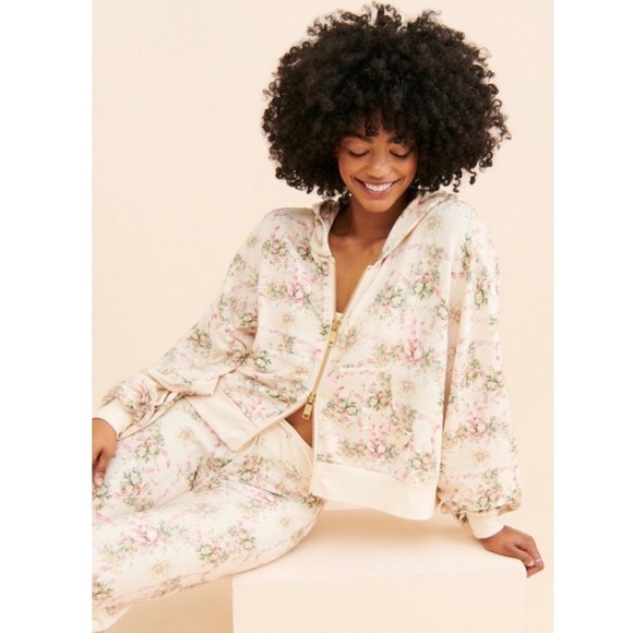Selkie x Free People Zip-Up All Day Pillow Ivory Floral Hoodie Jacket Size Small